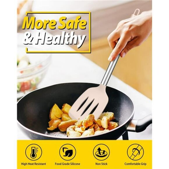 Silicone Cooking Utensils Set Heat Resistant Spatulas Slotted Spoons for Kitchen - Picture 4 of 7